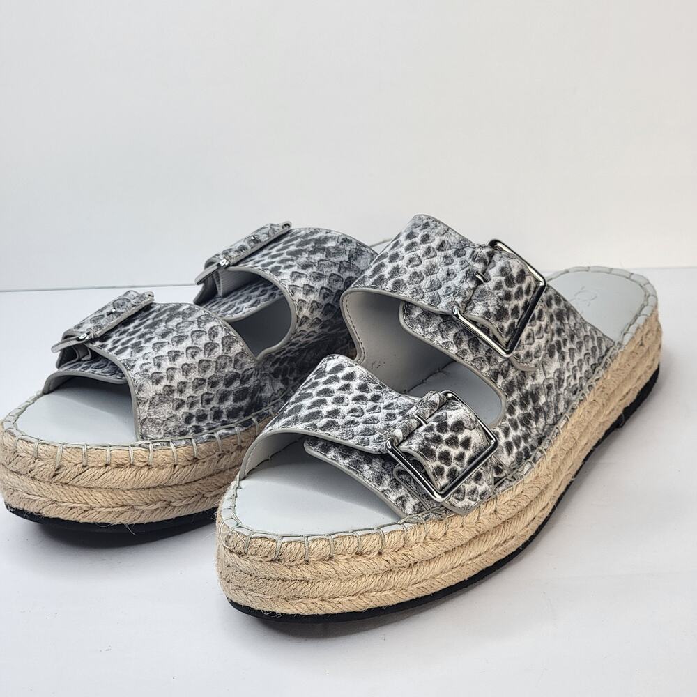 Logo Sz 8M Espadrille Sandals Open Toe Leather Gray Snake Slip On Flats Buckle
